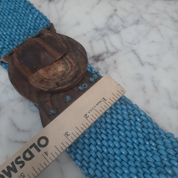 Vintage Boho Turquoise Blue Soft Surroundings Stretch Wooden Beaded Belt - Picture 7 of 7
